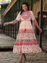 Womens Peach Georgette Floral Embroderied Maxi Dress